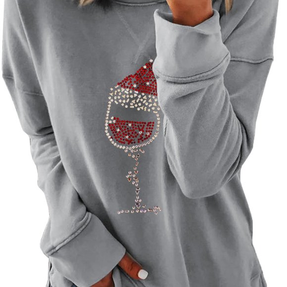 Rhinestone studded embellished Christmas Santa Wine Glass Sweatshirt - Picture 5 of 16